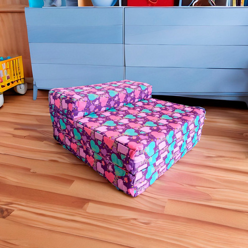 Sofá Cama Infantil Plegable, Colchoneta Con Soporte Firmé Color Rosa Corazones