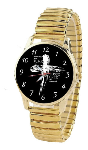 Relógio Feminino Dourado Porque Ele Vive Posso Crer