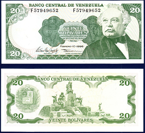 Billete 20 Bolívares F8 Febrero 10 1998 José Antonio Páez