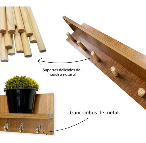 Porta Chaves Parede Pendurador Cabideiro Com Prateleira 60cm Cor Freijó
