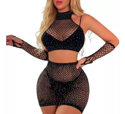 Bodystocking Malla Encaje Lenceria Sexy Mini Vestido 