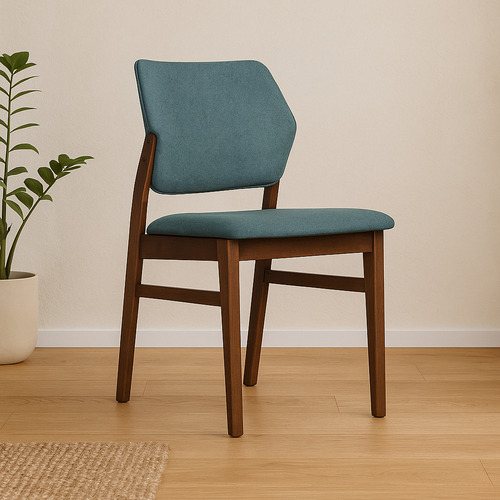 Silla Comedor Madera Nogal Respaldo Curvo Tapiz Amplia Asiento Azul Petróleo Diseño De La Tela Liso