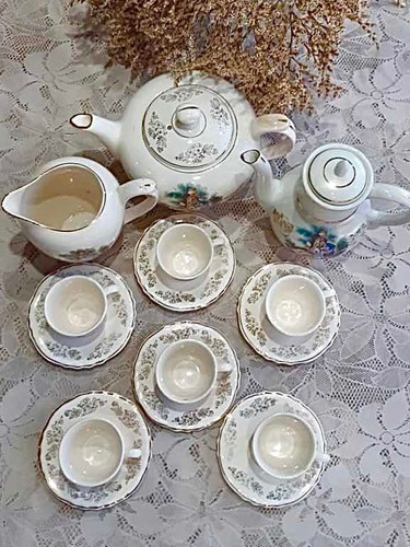 Antigua Loza Escena Galante Juego Tetera Cafetera Tazas