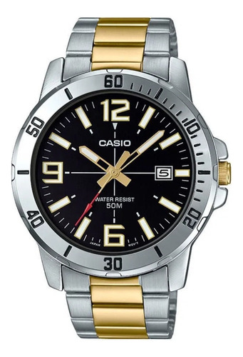 Reloj pulsera Casio MTP-VD01 con correa de acero inoxidable color plateado/oro - fondo negro - bisel plateado