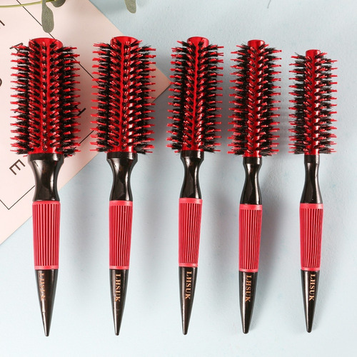 Kit de cepillos profesionales de peluquería de 5 piezas con cerdas de jabalí, color rojo - rojo