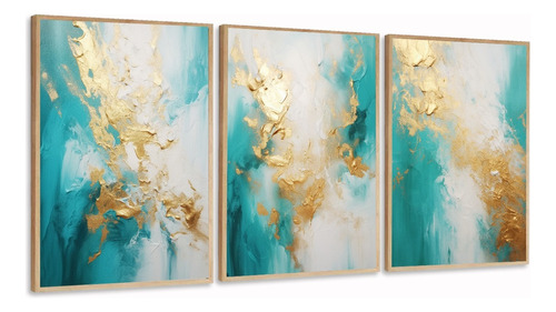 Quadros Decorativo Abstrato Azul Tiffany Dourado Com Moldura