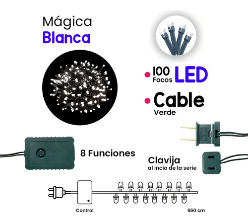 Serie Navideña 100 Led Luz Blanca 8 Funciones 7 Metros Color De Las Luces Blanco Blanco