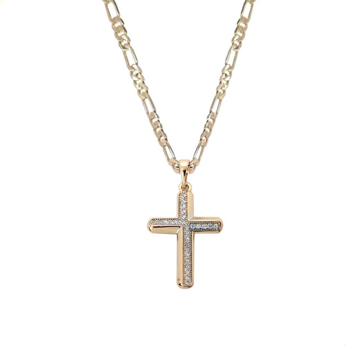 Collar Dije Cruz Oro Lamin Cristales Cadena Crucifijo Unisex