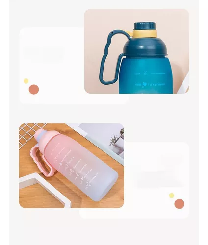 Botella de agua de 2 l con pajilla, dos tapas súper a prueba de fugas,  mango grande portátil, 64 onzas, marcador de tiempo motivacional para  aumentar