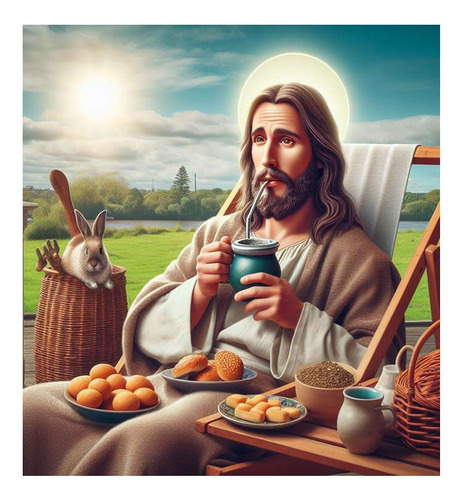 Vinilo 45x45cm Jesus Mate Desayuno Biscochos Campo Dios