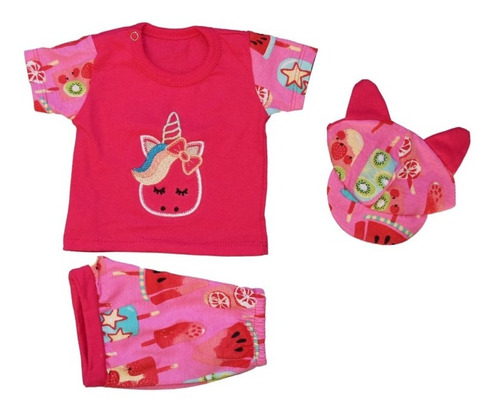 Conjunto Beba Unicornio Remera Fucsia Con Short Y Gorrito