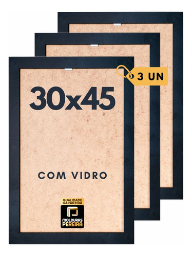 3 Moldura Quadro De Madeira Lisa 30x45 Cm C/ Vidro Decoração