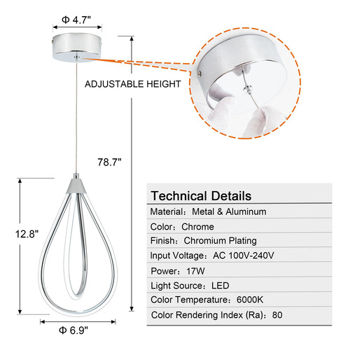 Lámpara Colgante Led Cromada Ajustable Para Cocina