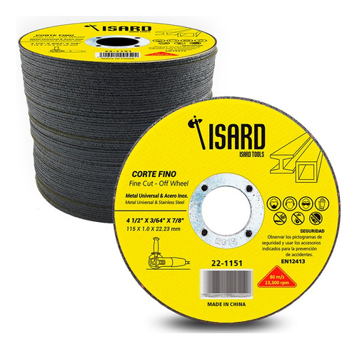 Disco De Corte 115 Mm 4 1/2 X 1 X 22.23 - 100 Unidades Isard