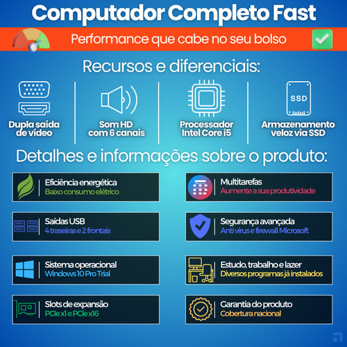 Computador Completo Bluepc Fast Intel Core I5 16gb Ram, Ssd 512gb Bivolt Monitor 20 Led Cd2e 0114fa