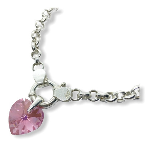 Pulsera Rolo Plata 925 Con Dije Cristal Corazón De 14 Mm