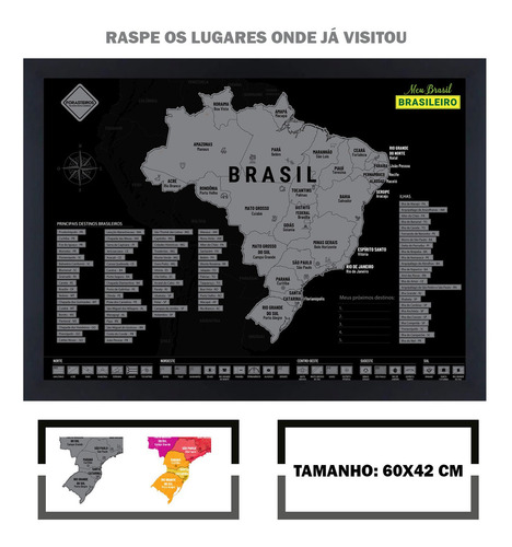 Mapa Do Brasil 60x42 Raspadinha Com Moldura Cor Prateado Cor Da Armação Preto