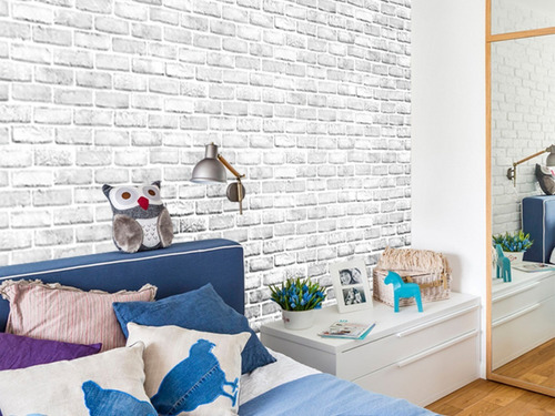 Imagen 3 de 7 de Papel Tapiz Ladrillos Blanco Adhesivo 45cm X 10 Mt 3d Mayore