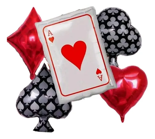 Set 5 Globos Póker Cartas Corazón, Trébol, Diamante Y Pica