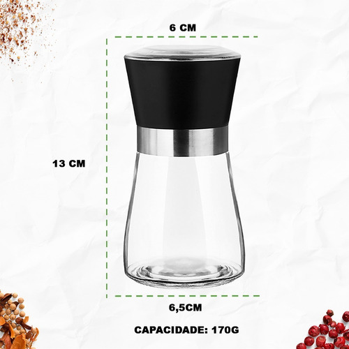 Kit 2 Moedor Sal Pimenta Inox Vidro Regulável 180 Ml