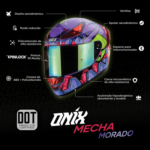 Casco Moto Integral HAX ONIX EVA Morado Verde Brillante Certificado DOT Talla XS (52-54Cm)