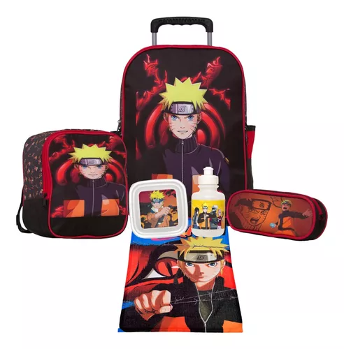 Kit Mochila De Rodinhas Grande Menino Naruto Aula + Toalha