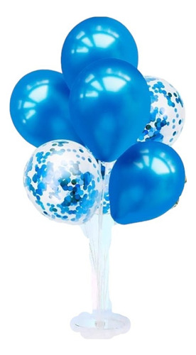 Centro De Mesa Globos Chrome Azul + Cristal Confeti X4un