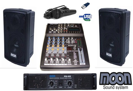 Combo Moon Dj Mixer 6ch Usb +potencia+2 Bafles 8 Pulgad +mic