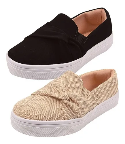 comprar 2 Pares Tenis Sapatenis Sliper Slip On Feminino Laço Cruzado