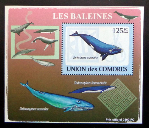 Comores Fauna, Bloque 1 Sello Ballenas 125fc 09 Mint L9335