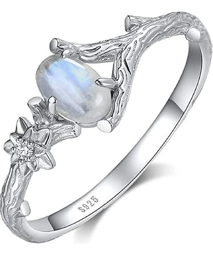 Anillo Plata 925 Con Piedra Lunar Rama Femenina Flor Y Dama