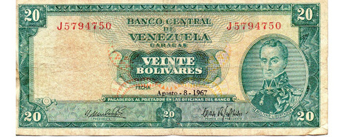 Billete 20 Bolivares 1967 Venezuela De Coleccion Serie J