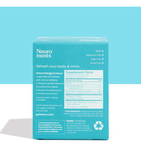 Neurogum Mints+natural Caffeine+vitaminb12&b6 Nootropic Ener