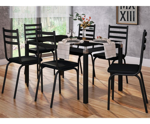 Jogo De Mesa Malva 140cm E 6 Cadeiras 118 Preto - Artefamol Desenho Do Tecido Das Cadeiras Liso