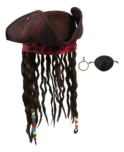 Sombrero Pirata Lujo Con Rastas Trenzas Pelo Aretes Parche O