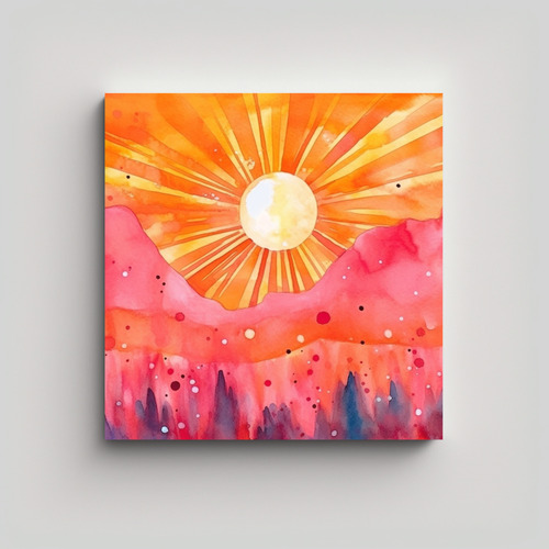 60x60cm Cuadro Decorativo Sol Naranja Y Rayos Rosados Estilo