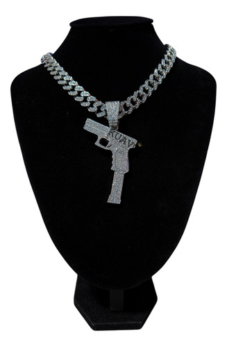 Collar Cubana Ice + Pistola Glock Ice Strass Simil Oro Trap Plateado