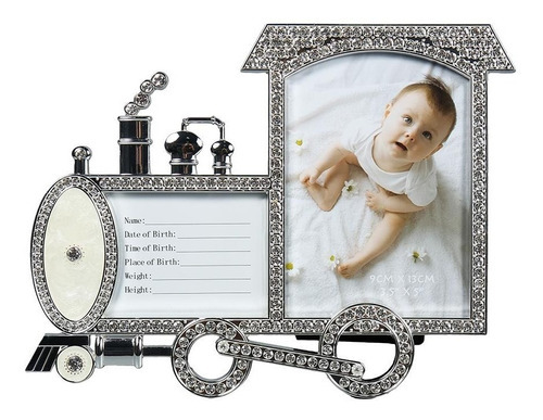 Porta Retrato Trem Em Strass Decorativo Para Quarto Do Bebê Cor Prateado