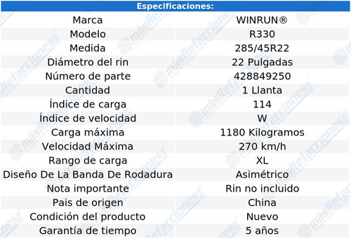 Llanta 285 45 Zr22 114w Xl Winrun R330 Uhp