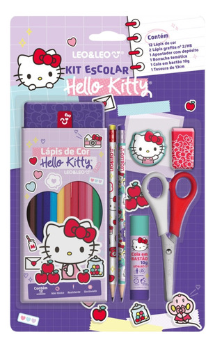 Kit Escolar 6 Peças Lápis De Cor Completo Hello Kitty