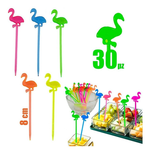 Palillos Para Coctel De Frutas Bebidas Fiesta 30pz Flamingos Rosa