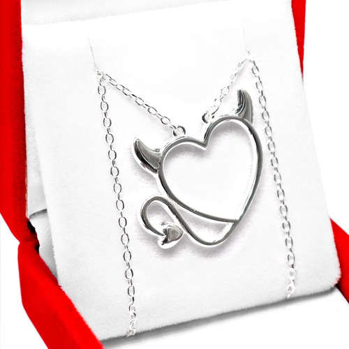 Collar Con Dije Corazon De Diablo Cuernitos  Plata925 Gara 