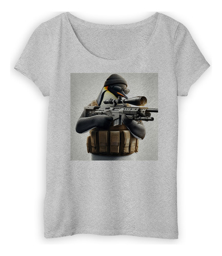 Remera Mujer Pinguino Militar Con Arma Rifle Apunta