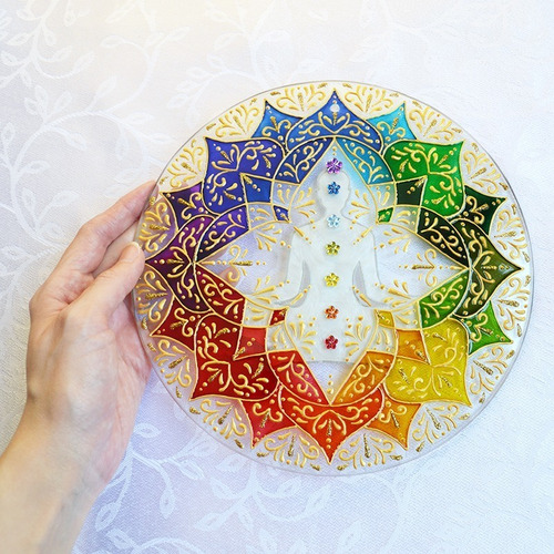 Mandala 7 Chakras Colorida Em Vidro Com 22cm, Pintura Vitral