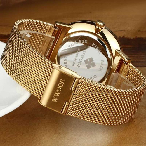 Relógio Wwoor 8826 De Luxo Dourado Ultra Fino Original