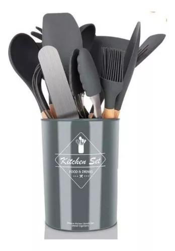 Set Utensilios De Cocina Kit 11 Piezas Lata Madera Silicona