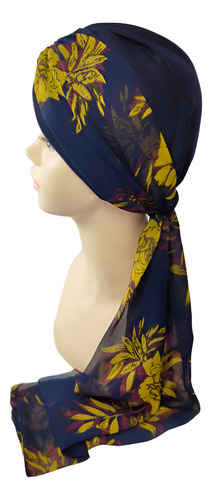 Turbante Gorro Para Mujer C/banda Oncológico Quimio. Algodon Color Azul Oscuro Con Amarillo