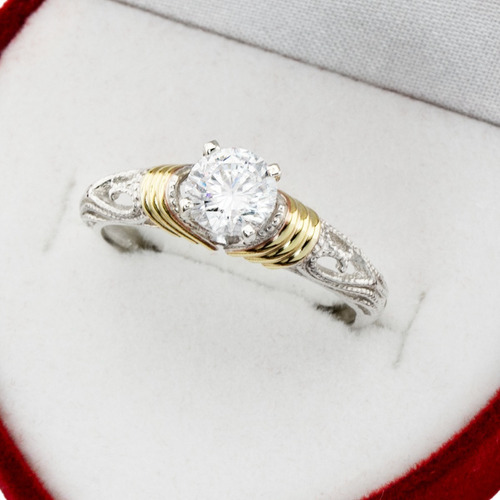Imagen 2 de 7 de Anillo Solitario Plata Y Oro Cintillo Antiguo Compromiso