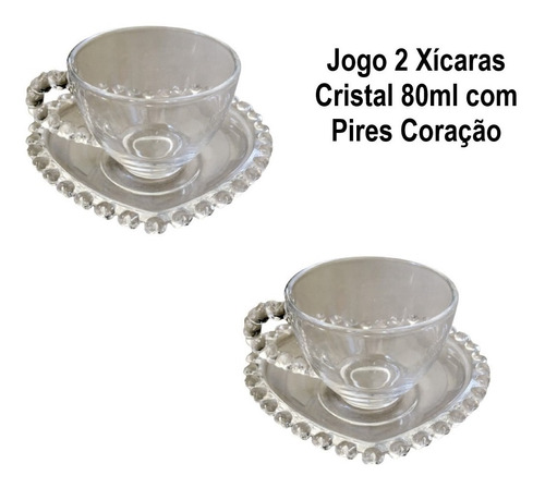 Imagem 1 de 10 de Jogo 2 Xícaras De Cristal Café Chá Com Pires Coração 80ml