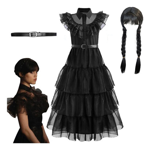 Vestido De Wednesday Addams Disfraz Negro Cosplay Baile Escolar Trajes Chicas Fiesta Halloween